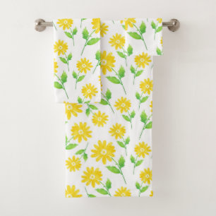Yellow Watercolor Daisy Stems Pattern Bath Towel Set