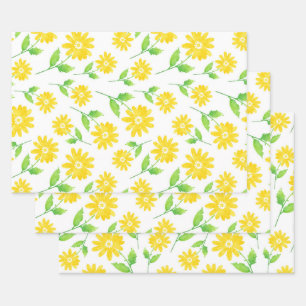 Yellow Watercolor Daisy Stems Pattern Wrapping Paper Sheet