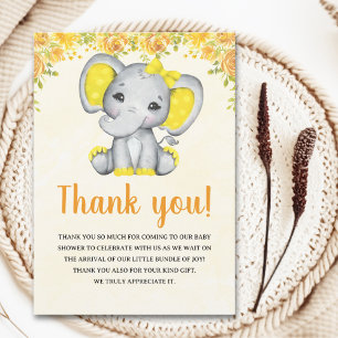 Yellow Watercolor Elephant Baby shower Girl Thank You Card