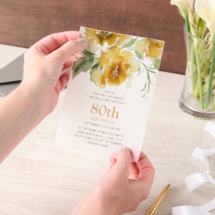 Yellow Watercolor Floral 80th Birthday Vellum Invitations