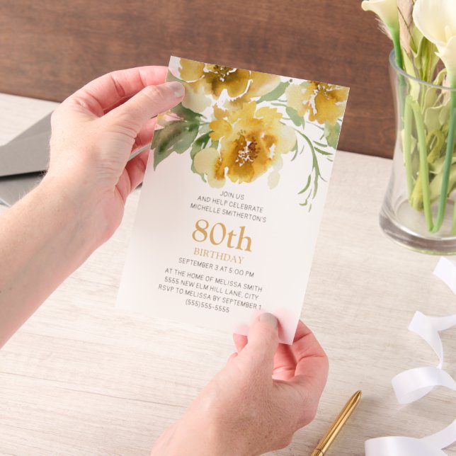 Yellow Watercolor Floral 80th Birthday Vellum Invitations (Handheld)