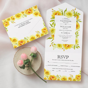 Yellow watercolor floral border sping wedding all in one invitation