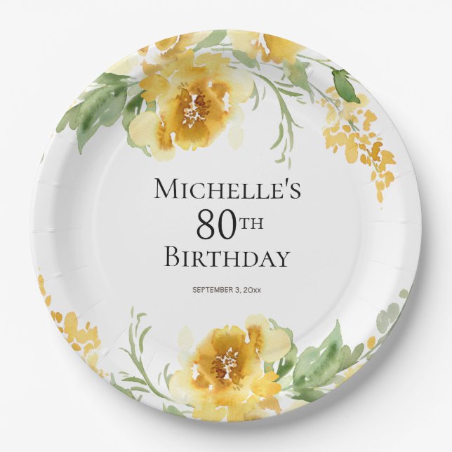 Yellow Watercolor Floral Greenery 80th Birthday Paper Plate (Front)