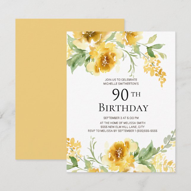 Yellow Watercolor Floral Greenery 90th Birthday Invitation (Front/Back)
