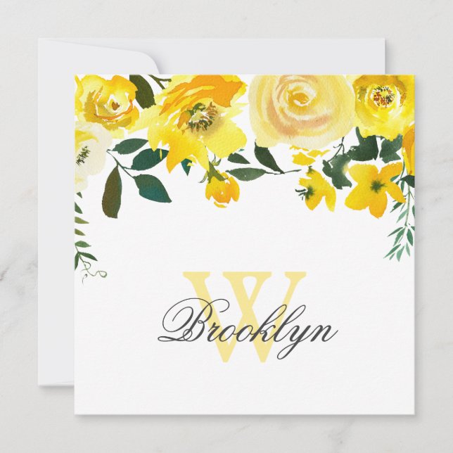 Yellow Watercolor Floral Monogram Thank You Card (Front)