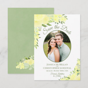 Yellow Watercolor Floral Oval Photo Wedding Save The Date