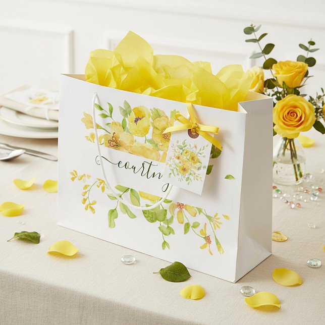 Yellow watercolor floral personalized   large gift bag (Creator Uploaded)