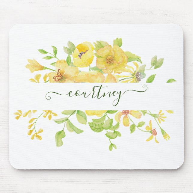 Yellow watercolor floral personalized   mouse pad (Front)