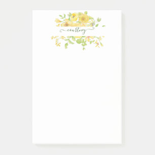 Yellow watercolor floral personalized post-it notes