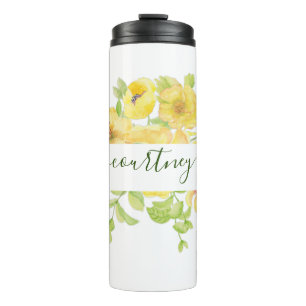Yellow watercolor floral personalized   thermal tumbler