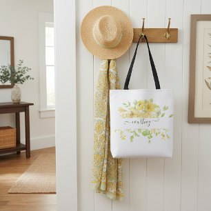Yellow watercolor floral personalized   tote bag