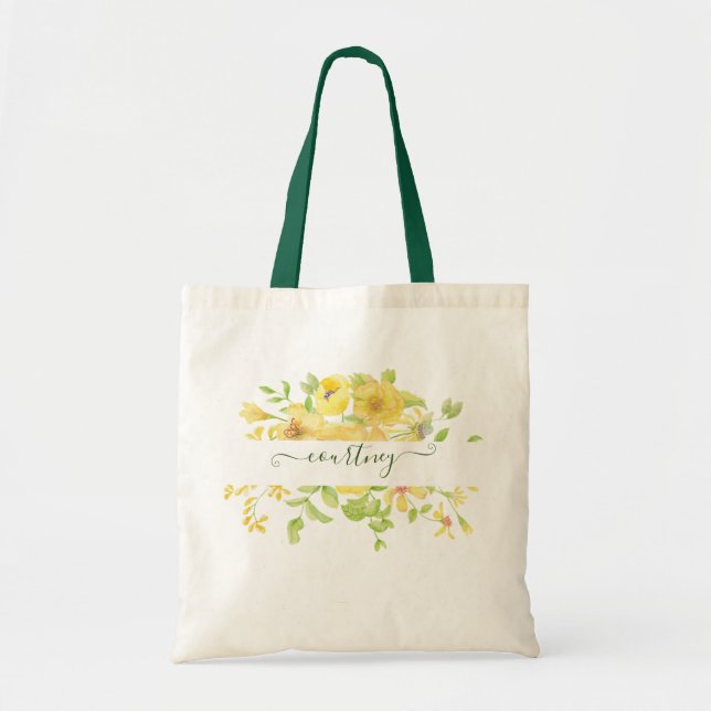 Yellow watercolor floral personalized   tote bag (Front)