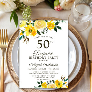 Yellow Watercolor Floral Surprise 50th Birthday Invitation