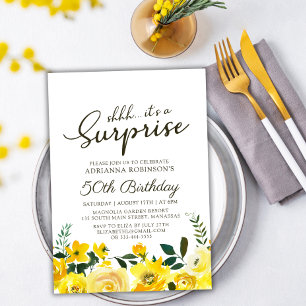 Yellow Watercolor Floral Surprise 50th Birthday Invitation