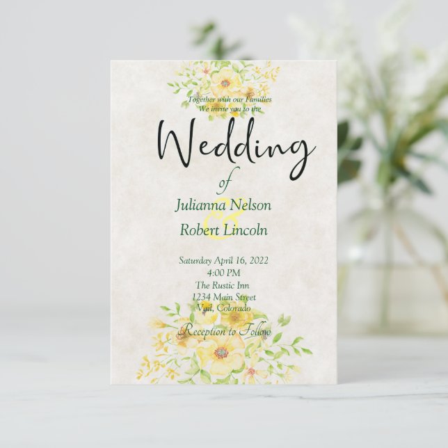 Yellow watercolor floral wedding invitation (Standing Front)