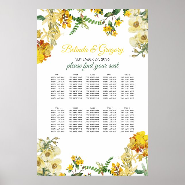 Yellow Watercolor Floral Wedding Seating Chart (Front)