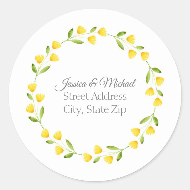 Yellow Watercolor Floral Wreath  Classic Round Sticker (Front)