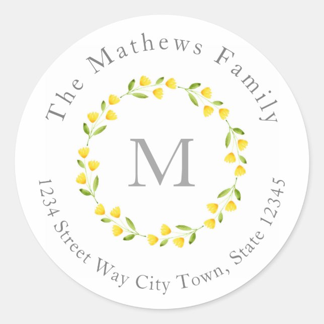 Yellow Watercolor Floral Wreath Labels (Front)