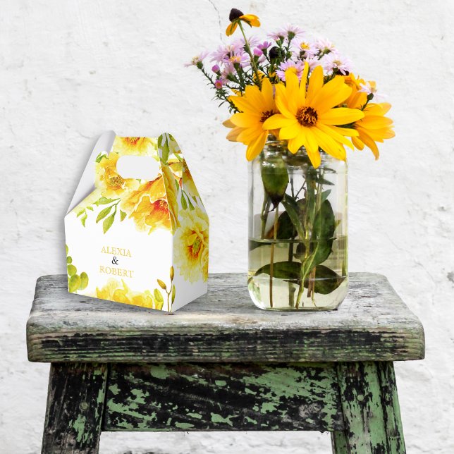 Yellow watercolor flowers and leaves wedding favor box (Creator Uploaded)