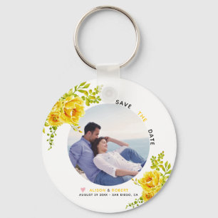 Yellow watercolor flowers, green leaves and photo keychain