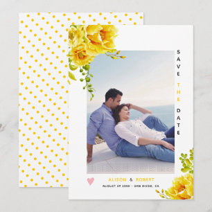 Yellow watercolor flowers, green leaves and photo save the date