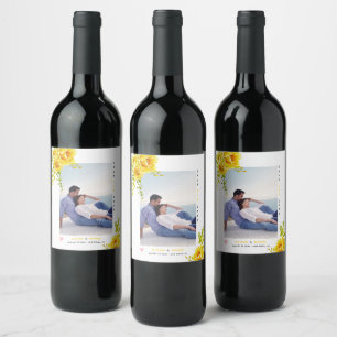 Yellow watercolor flowers, green leaves and photo wine label