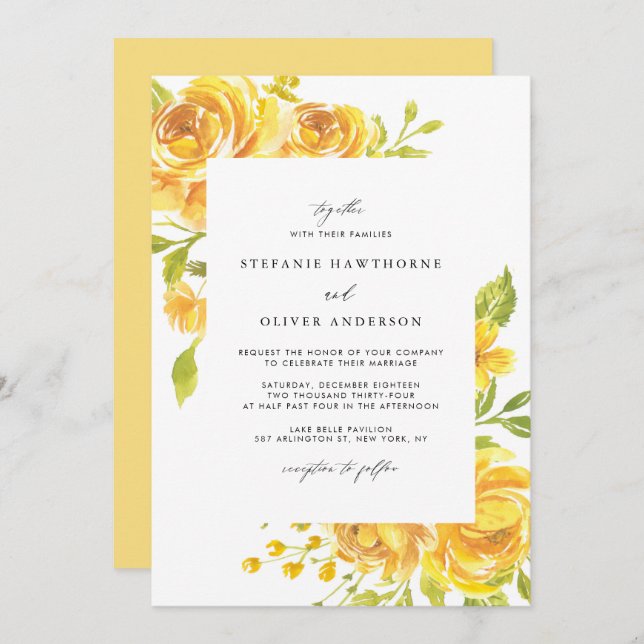 Yellow Watercolor Flowers Spring Wedding Invitation (Front/Back)