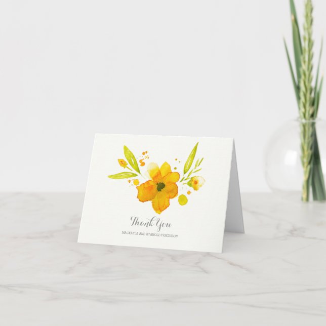 yellow watercolor flowers wedding thank you (Front)