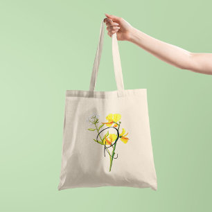 Yellow watercolor flowers with your initial 1 side tote bag