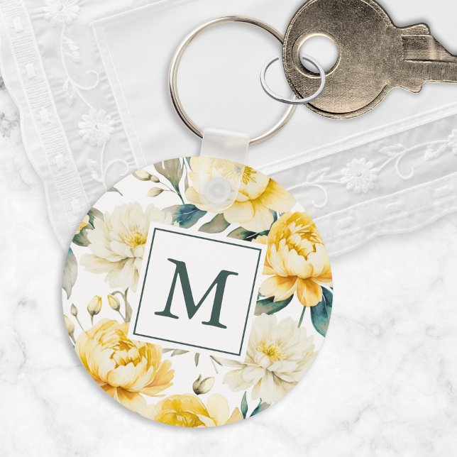 Yellow Watercolor Garden Flowers Monogrammed Keychain (An elegant monogrammed keychain with yellow and white peony and chrysanthemum floral design)