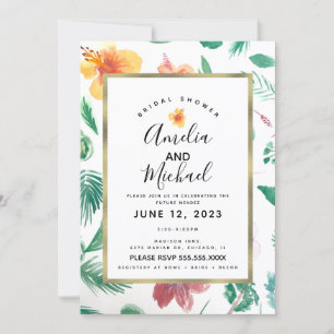 Yellow Watercolor Hibiscus and Greenery Bridal Invitation