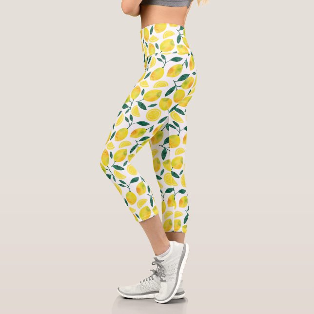 Yellow Watercolor Lemon Pattern Capri Leggings (Left)