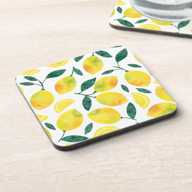 Yellow Watercolor Lemon Pattern Coaster (Left Side)