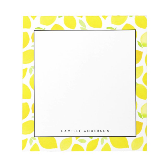 Yellow Watercolor Lemon Pattern Personalized Notepad (Front)