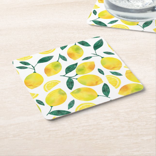 Yellow Watercolor Lemon Pattern Square Paper Coaster (Angled)