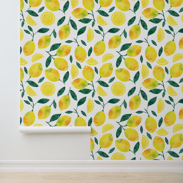 Yellow Watercolor Lemon Pattern Wallpaper (Application)