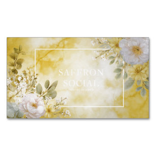 Yellow Watercolor Marble White Floral Botanical Magnetic Business Card