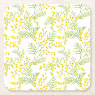 Yellow Watercolor Mimosa Flowers Pattern Square Paper Coaster