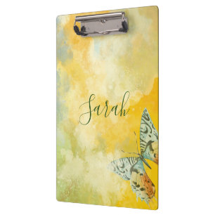Yellow Watercolor Monogram Name Tie Dye Butterfly Clipboard