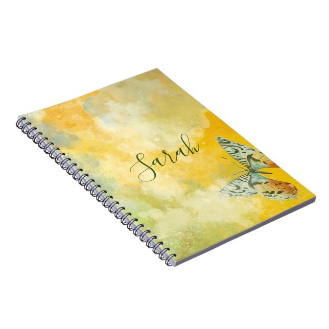 Yellow Watercolor Monogram Name Tie Dye Butterfly  Notebook (Right Side)
