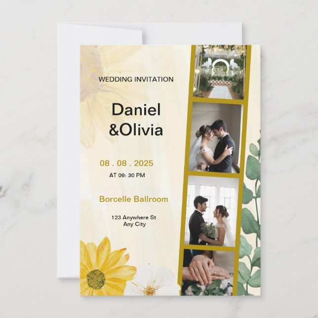 Yellow Watercolor Photo Collage Wedding Invitation (Front)