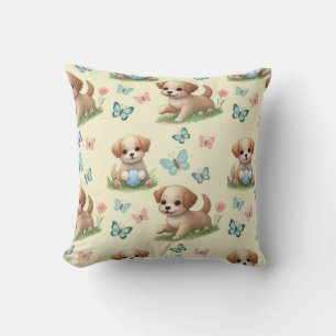 Yellow Watercolor Puppies and Butterflies Throw Pillow