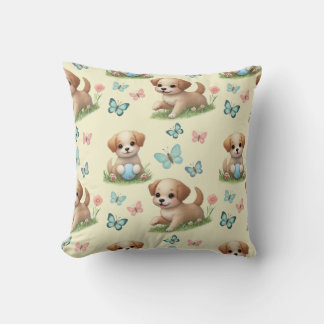  Yellow Watercolor Puppies and Butterflies Throw Pillow
