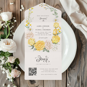 Yellow Watercolor Rose Floral & Modern Typography All In One Invitation