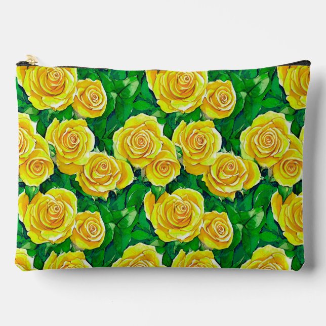 Yellow Watercolor Rose Pattern Accessory Pouch (Front)