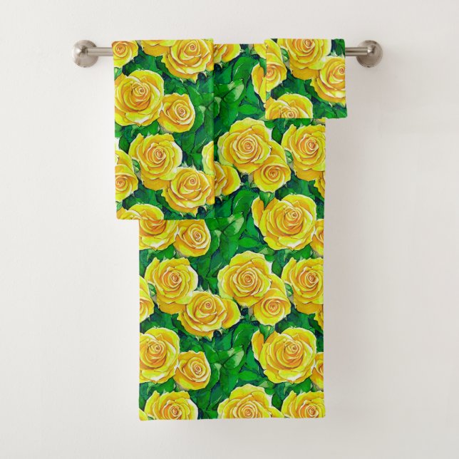 Yellow Watercolor Rose Pattern Bath Towel Set (Insitu)