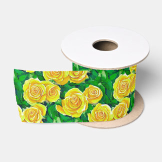 Yellow Watercolor Rose Pattern Satin Ribbon
