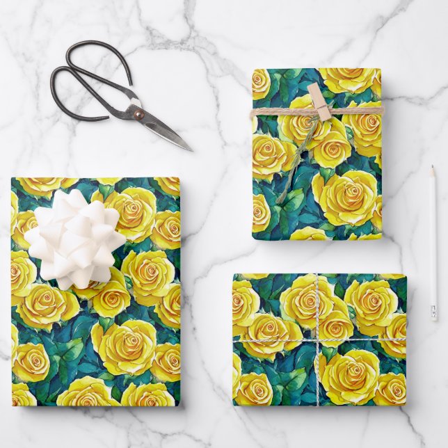 Yellow Watercolor Rose Pattern Wrapping Paper Sheet (Front)