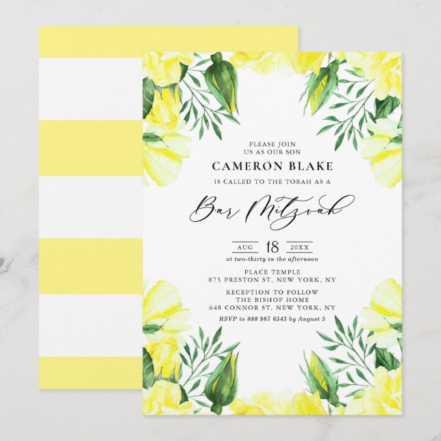 Yellow Watercolor Roses Floral Bar Mitzvah Invitation (Front/Back)