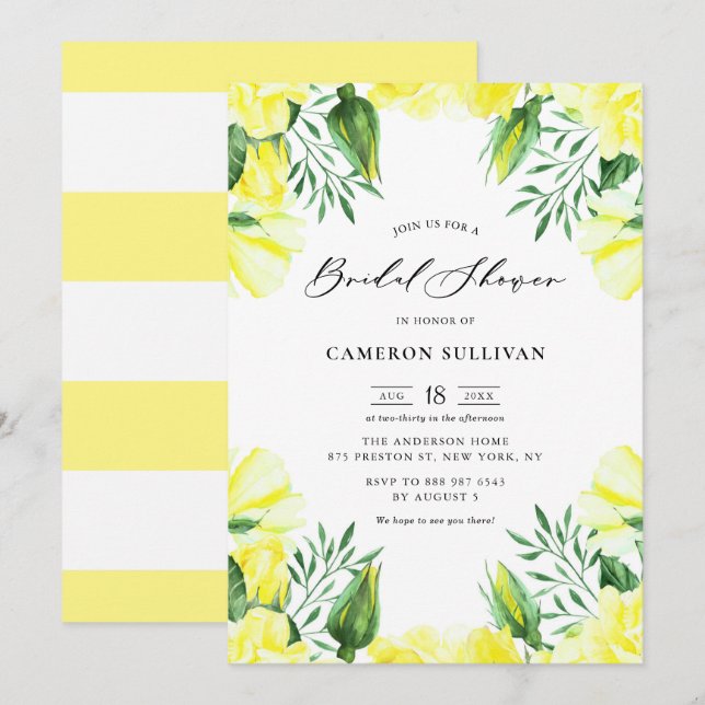 Yellow Watercolor Roses Garland Bridal Shower Invitation (Front/Back)
